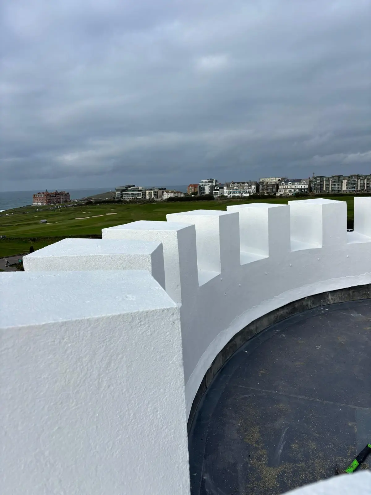 Completed fibreglass roof and painted parapets